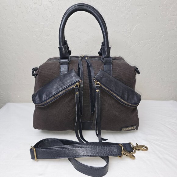 L.A.M.B Gwen Steffani Gray Canvas & Black Leather Crossbody Pocket Satchel - Picture 3 of 13